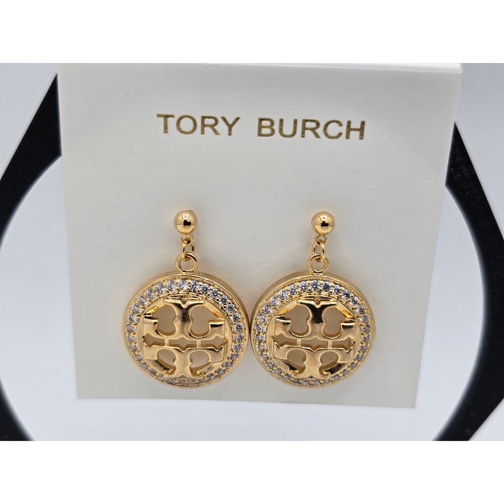 Tory Burch Miller Gold Tone & Pave Crystal Stud Hoop Earrings - NWOT